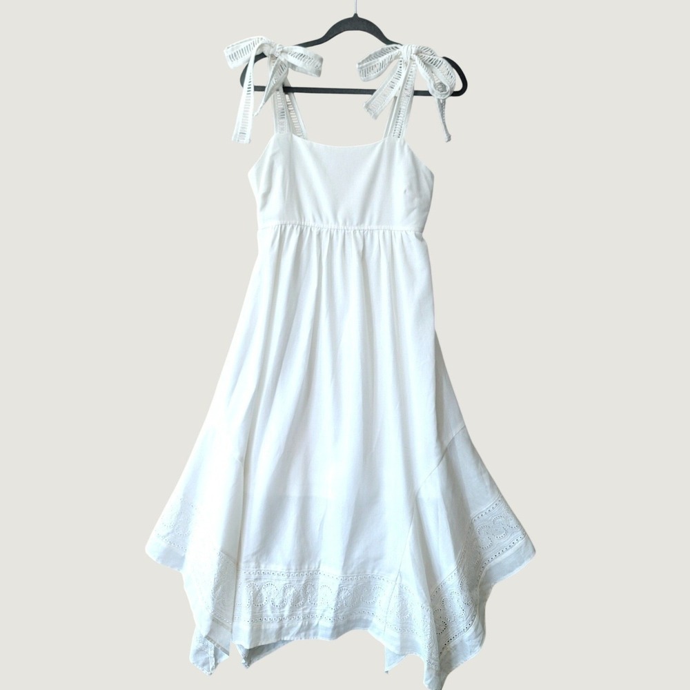 Moon River Dress White Eyelet Linen Blend Tissue Hem Midi Medium Coastal Beach